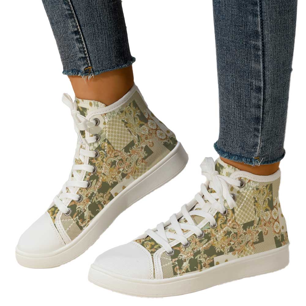 Canvas Sneaker High - Women's Vintage Baroque Patchwork Print High-Top